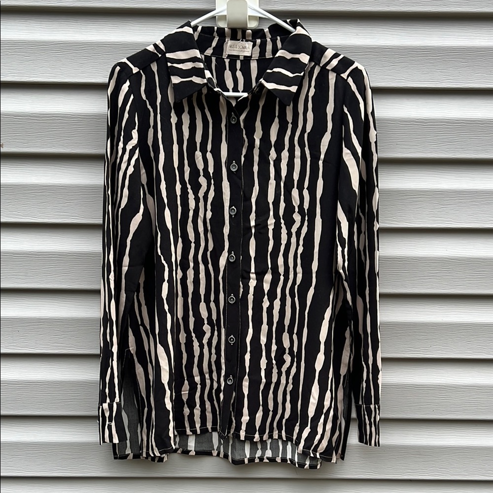 Mus & Bombon Black Tan Long Sleeve Button Down Viscose Top XS Made in Spain